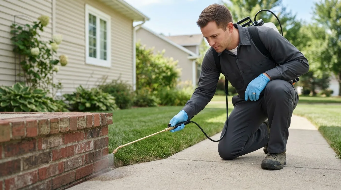 Pest control technician treating a home near North Chicago, IL